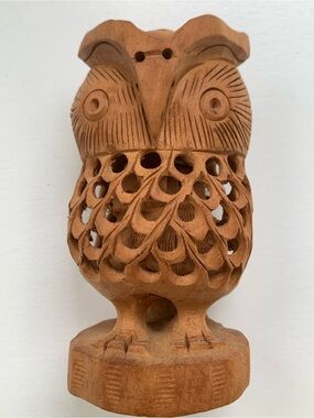 Wooden Owl Statue Hand Carved Sculpture Figurine Signed Vintage Baby Owl Inside
